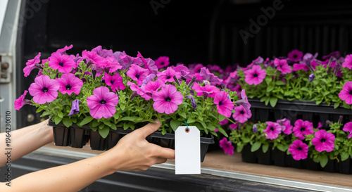 Hands holding tray of purple petunia flowers from delivery truck  