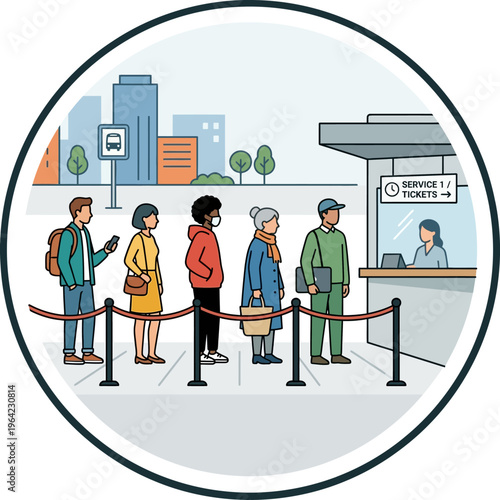 Flat vector icon of queue line with people standing, daily situation