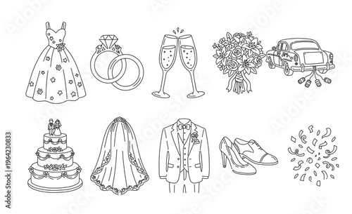 Wedding Line Art Clipart Set — 10 Bridal & Ceremony Doodle Elements PNG SVG Vector Illustration