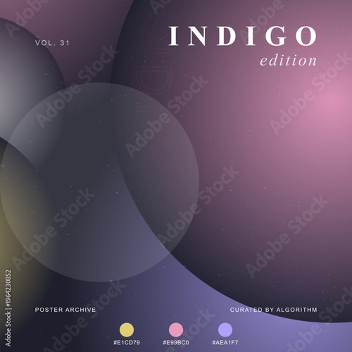 Indigo edition abstract vector background with soft purple gradients. Minimalist poster archive template with overlapping circles. Modern aesthetic layout for digital covers and social media.