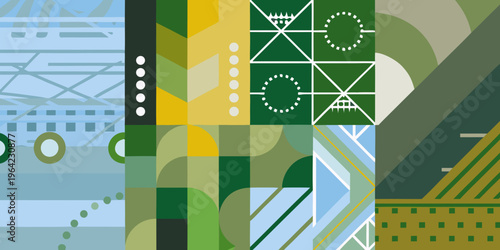 Abstract geometric design featuring squares circles and overlapping shapes