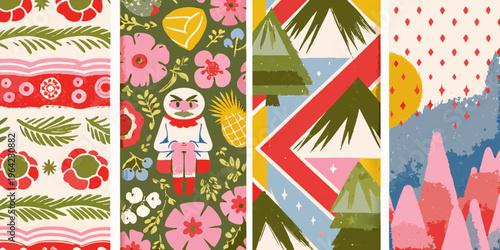 Colorful patterned fabric swatches featuring florals figures and geometric shapes