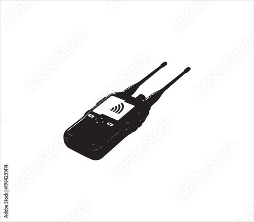 Black walkie talkie with antenna and signal icon on white background