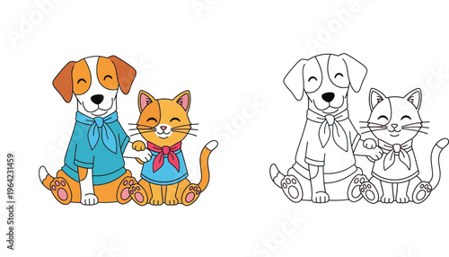 Cute Cartoon Dog and Cat Best Friends Illustration and Coloring Page for Kids, Pet Friendship Vector Art with Outline Drawing and Colored Version for Children’s Activity Books