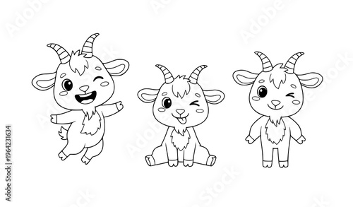 Funny Goat Cartoon Characters Vector Illustration Kids Coloring Book Isolated White Background