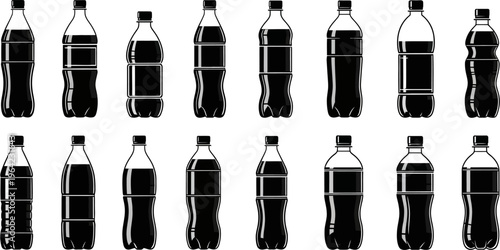 A collection of various generic plastic soda bottles filled with dark liquid, depicted in a black and white vector illustration.