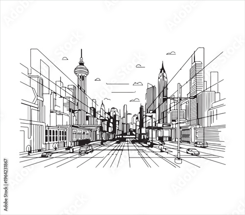 City street with tall buildings and skyscrapers in urban downtown area  daytime