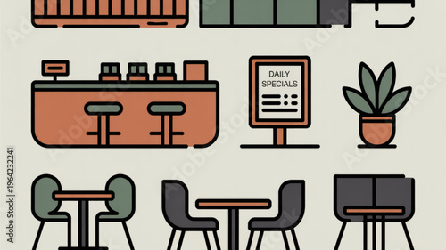 Restaurant interior design elements with furniture and menu board on beige background