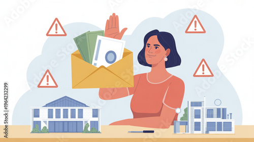 Woman rejecting bribe with warning signs and buildings in background symbolizing corruption refusal