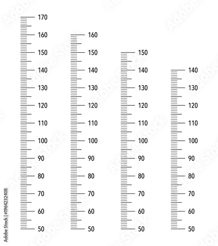 Kids height chart from 50 cm to 170, 160, 150 and 140 centimeters. Meter wall or growth ruler. Wall growth 150 cm, 150cm, 160 cm and 170 cm sticker template isolated.