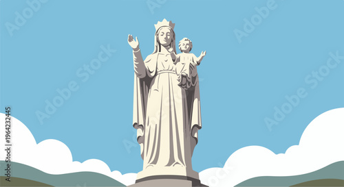 Stone sculpture of mother and child against sky with clouds