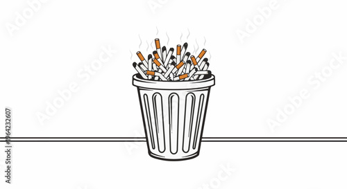 Overflowing trash can filled with numerous smoking cigarette butts and smoke