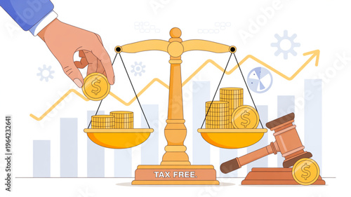 Businessman balancing tax free coins on scales with gavel and financial graphs in background