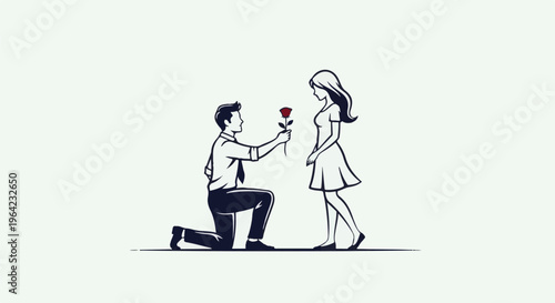 Man on one knee offering a rose to a woman