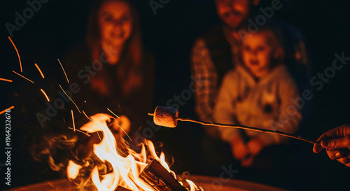 Family roasting marshmallows by campfire at night outdoors  