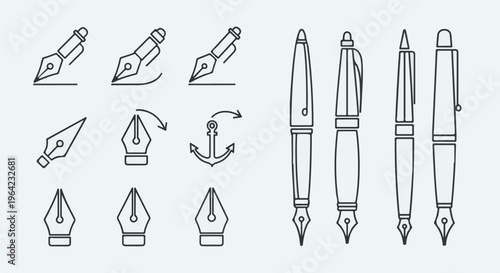 Line art icons of fountain pens, nibs, and an anchor