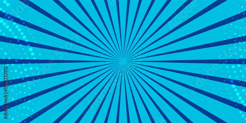 Blue comic radial background with dots and rays. Abstract gradient with dotted halftone effects and dynamic light beams. Perfect for banners, posters, dynamic design projects
