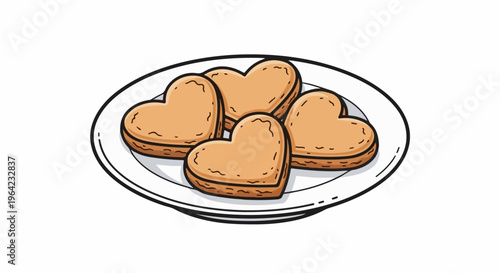 Four heart-shaped cookies piled on a white plate