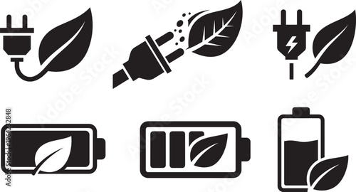 Set of green energy icons featuring electric plugs leaves batteries and light bulbs symbolizing renewable power and eco conscious technology