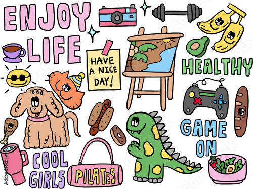 Cute hand drawn vector illustrations of puppy, cat wearing party hat, hotdog, chocolate glazed donut, dinosaur, painting stand, avocado, banana, dumbbell, camera, game console, pilates bag, salad bowl