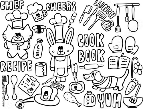 Cute hand drawn vector outlines of cat and bunny wearing chef hat, beer glass, sushi, tissue paper, knife, frying pan, spatula, spoon and fork, bread, fried chicken, puppy, rolling pin, cook book