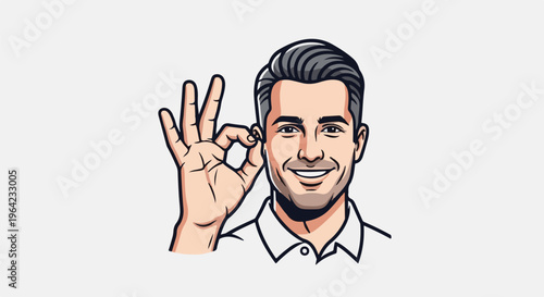 Confident man makes ok sign, smiling, with short hair and collared shirt