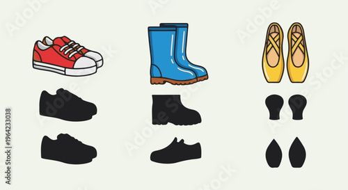 Collection of footwear illustrations, including red sneakers, blue boots, and yellow ballet slippers