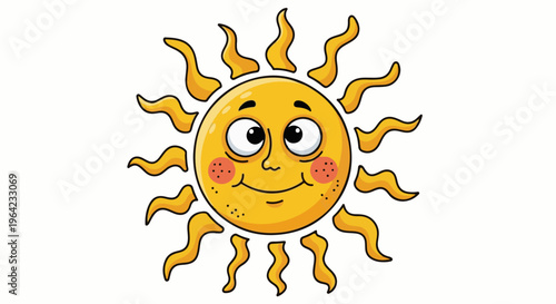 Cheerful cartoon sun with wavy rays and rosy cheeks