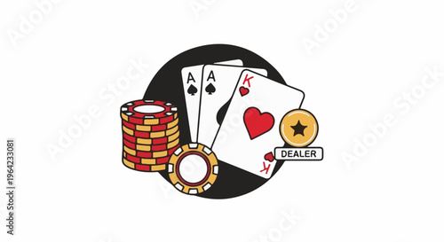 Casino game elements playing cards, chips, and dealer token