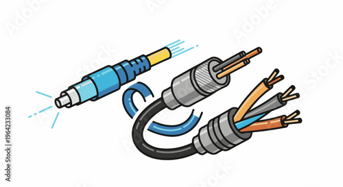 Close-up illustration of fiber optic and analog audio cables