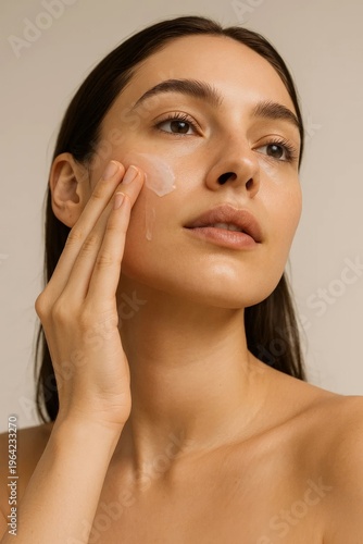 Close-up of woman applying facial moisturizer, natural beauty skincare routine with clean skin and soft light.