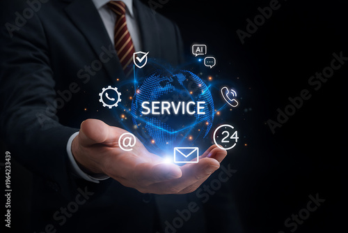 Businessman offering global service with icons floating above his hand