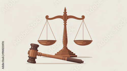 Justice scale and gavel on beige background symbolizing law order and balance in a courtroom setting with wooden texture