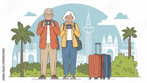 Elderly couple on vacation with luggage and cameras in tropical cityscape