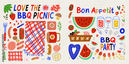 Colorful illustration depicting a summer barbecue and picnic spread