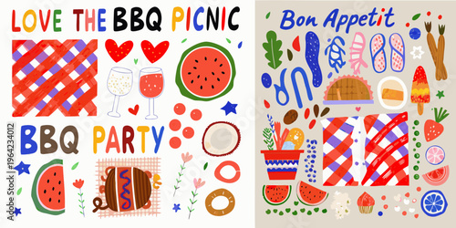 Colorful illustration of a barbecue picnic with food and lettering