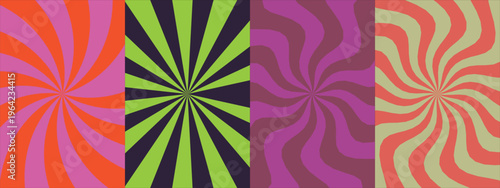 Abstract swirl and sunburst patterns, vibrant retro geometric background design set