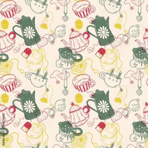 Colorful tea pattern with teapot cups and accessories hand drawn style