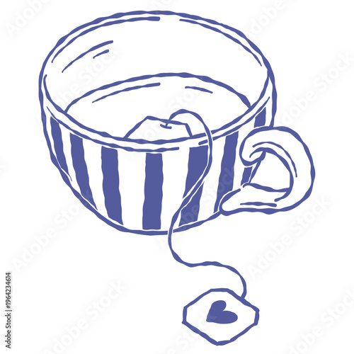 Striped tea cup with teabag hot drink hand drawn sketch style