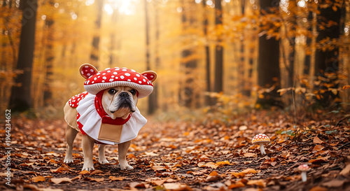 Adorable bulldog dressed as a mushroom walks through autumn leaves on transparent background