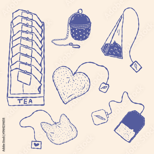 Tea bags set with herbal infusion sachets hand drawn sketch style