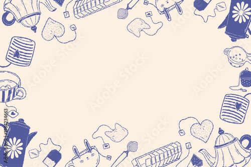 Tea themed frame with teapot cups and accessories hand drawn border