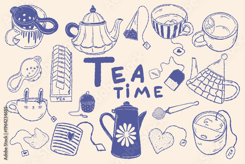 Tea set collection with teapot cups and accessories hand drawn style
