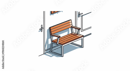 Isometric illustration of a wooden bench in a minimalist, white interior