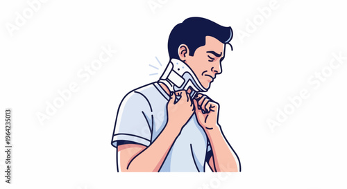 Man adjusting neck brace, face shows discomfort from pain