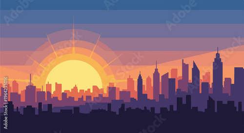 Flat vector illustration of a city skyline at sunset