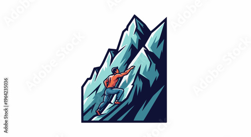 Man climbing a sharp, icy mountain face in a dynamic, angular style