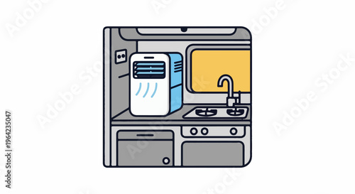 Minimalist kitchen area with air cooler, sink, and stove