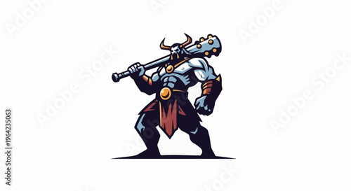 Fierce warrior with horned helmet and mace on white background