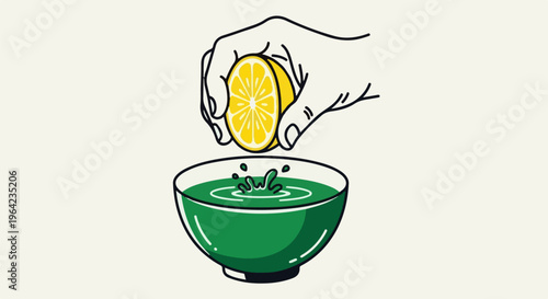 Hand squeezes a halved yellow lemon into a green liquid in a glass bowl